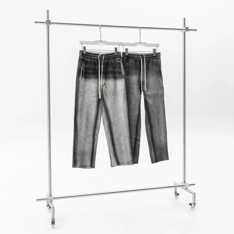 2024 winter mens faded bleach wash pants wide leg cotton fleece oversized sweatpants drawstring jogging straight pants