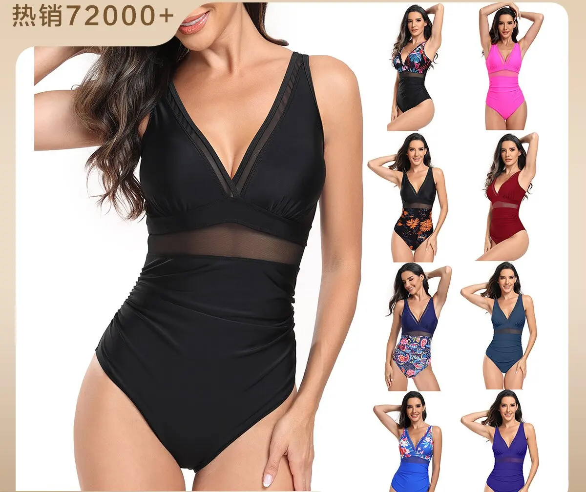 ge women sexy mesh printing swimming suits  bikini woman hot sell one piece     plus size floral bikini