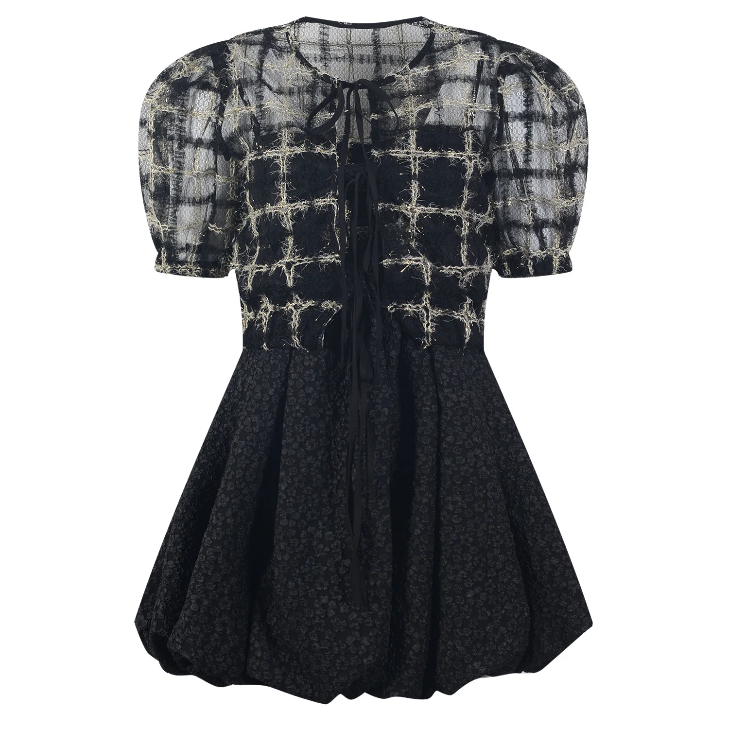 Summer Dresses Jacquard Sling Dress Puff Sleeve Two Piece Set Mini Black Loose Clothing