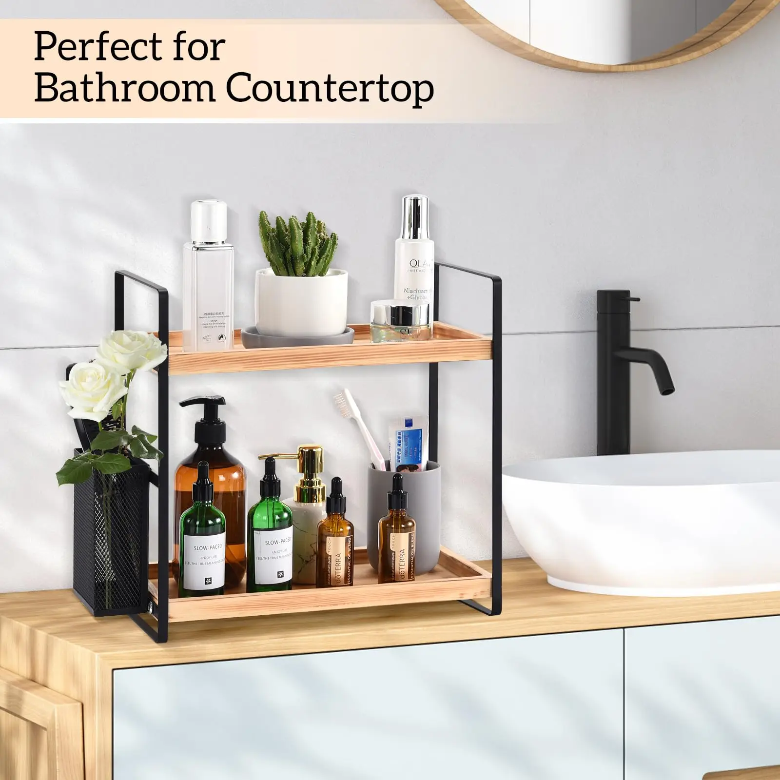 2-Tier Wood Rack Countertop Shelf Vanity Organizer Skincare Perfume Organizer Tray Bathroom Organizer Counter