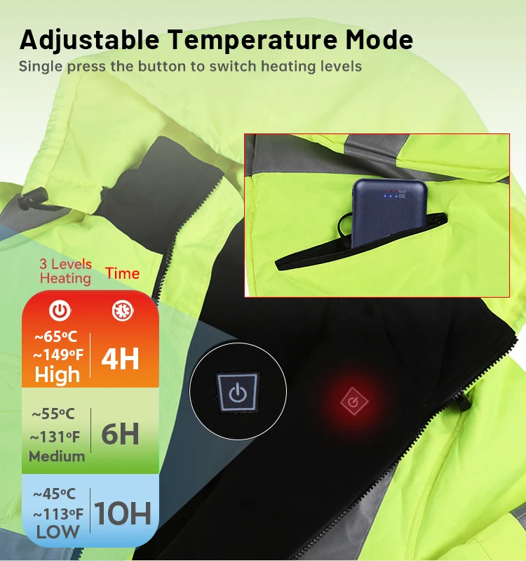 Heated Softshell Fluorescent Safety Jacket with Zipper Closure Warm Battery Pack Heated Vest and Jacket Warming Features
