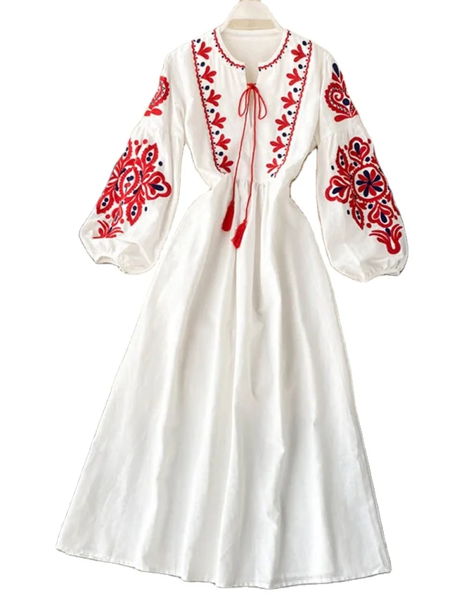 2022 Winter Casual Elegant Women Long Lantern Sleeve Round Neck Bohemian Ethnic Folk Floral Embroidered Maxi Dress