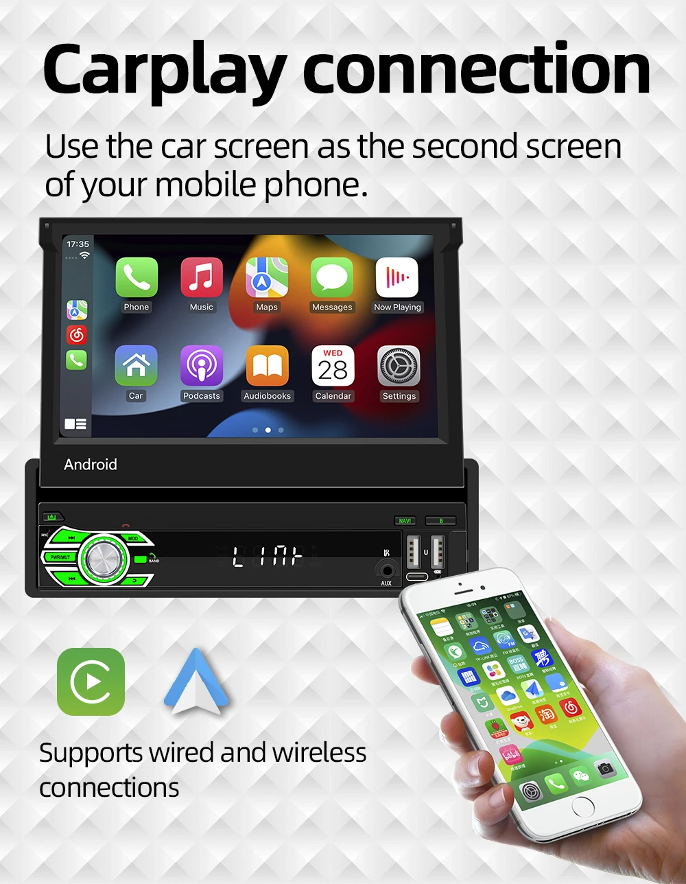 1 din 7' Android Car Radio Retractable Touch Screen Wireless Carplay Gps Navigation Wifi Bt Fm Rds  Stereo Auto Multimedia