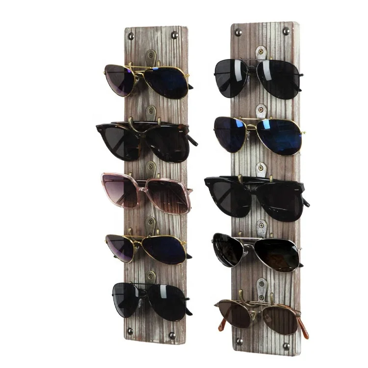 Rustic Wood Wall Mounted Sunglasses Storage Organizer Display Rack