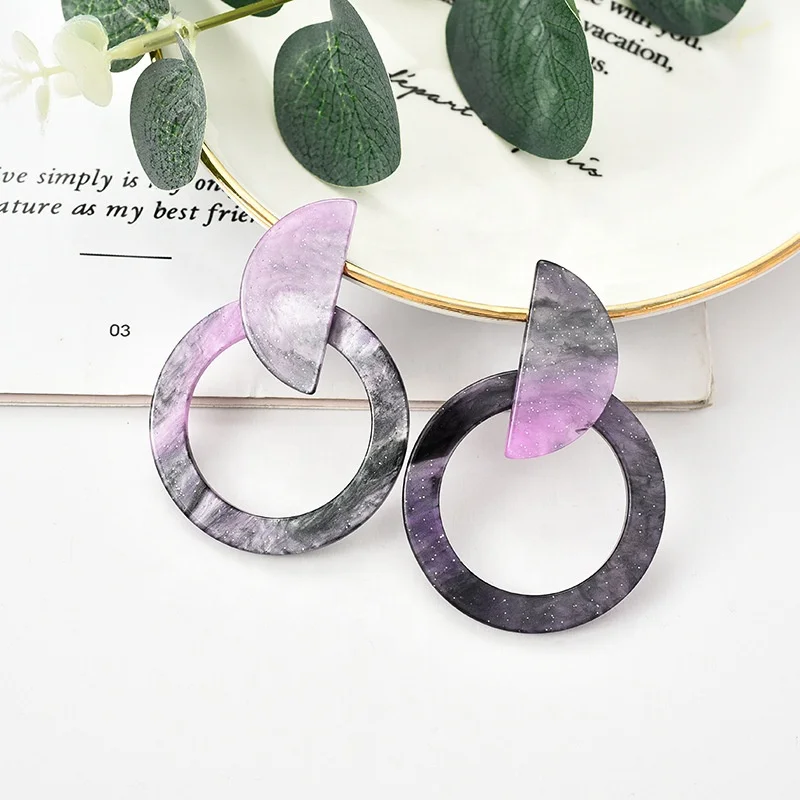 Good Quality Fancy Splicing Colour Blocking Acetate Hoop Earrings Geometric Circular Texture Acrylic Pattern Earrings