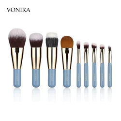 Vonira Beauty Professional Matte Blue Handle Golden Ferrule Makeup Brushes Set 9PCS Synthetic Short Cosmetic Brushes Gift Kit