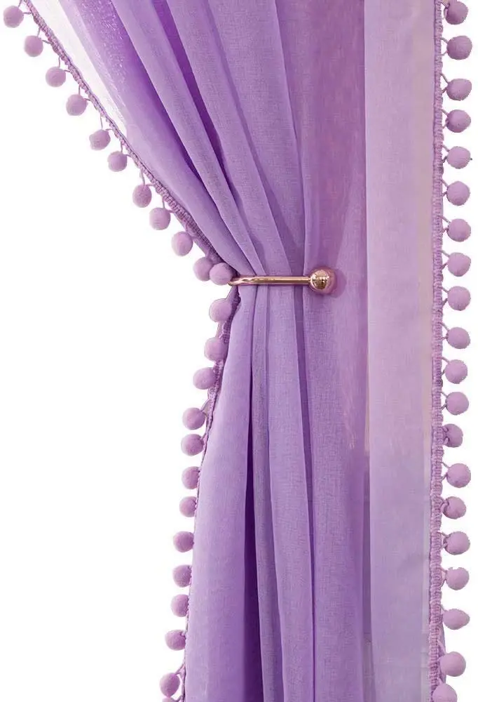Прозрачные шторы для девочек, занавески из вуали с помпоном для спальни, 2 панели