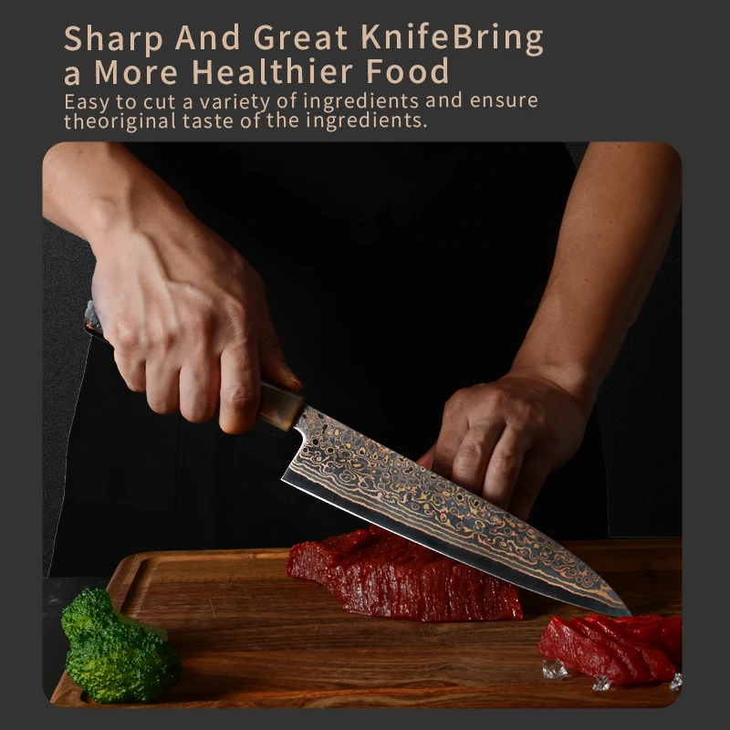 Luxury Copper Damascus Steel Kitchen Knife  Japanese  VG-10 Core Buffalo Horn  Resin Mixed Carbon Fiber& Copper