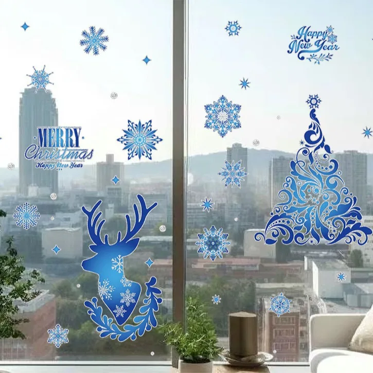 Заводская оптовая продажа синяя лося витрина статическая наклейка для раздвижных дверей с серебряной пылью рождественских украшений окон