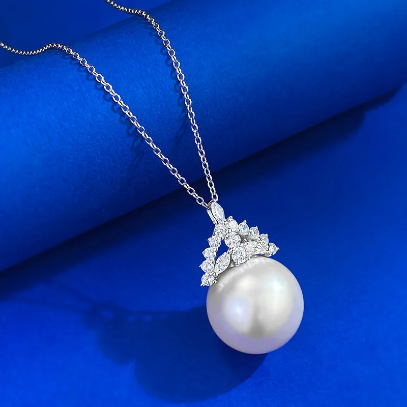 Europe And America New S925 Silver Zirconia Jewelry, Crown Design 16mm Pearl Necklace Pendant Female Daily Fashion