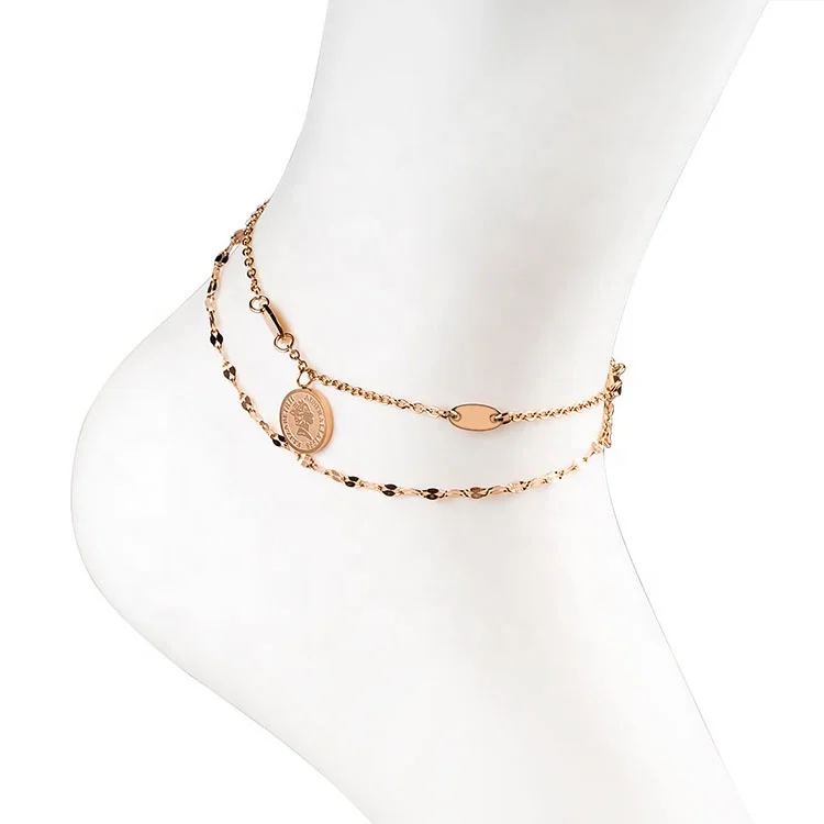 Wholesale Stainless Steel Rose Gold Ankle Foot Chain Women Jewelry Beach Foot Gift Layered Waterproof Anklet