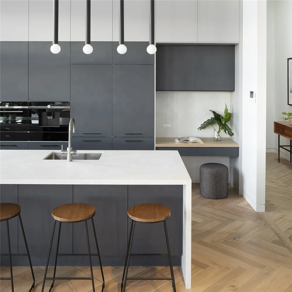 PA foshan  modern island grey pvc shaker storage kitchen cabinet