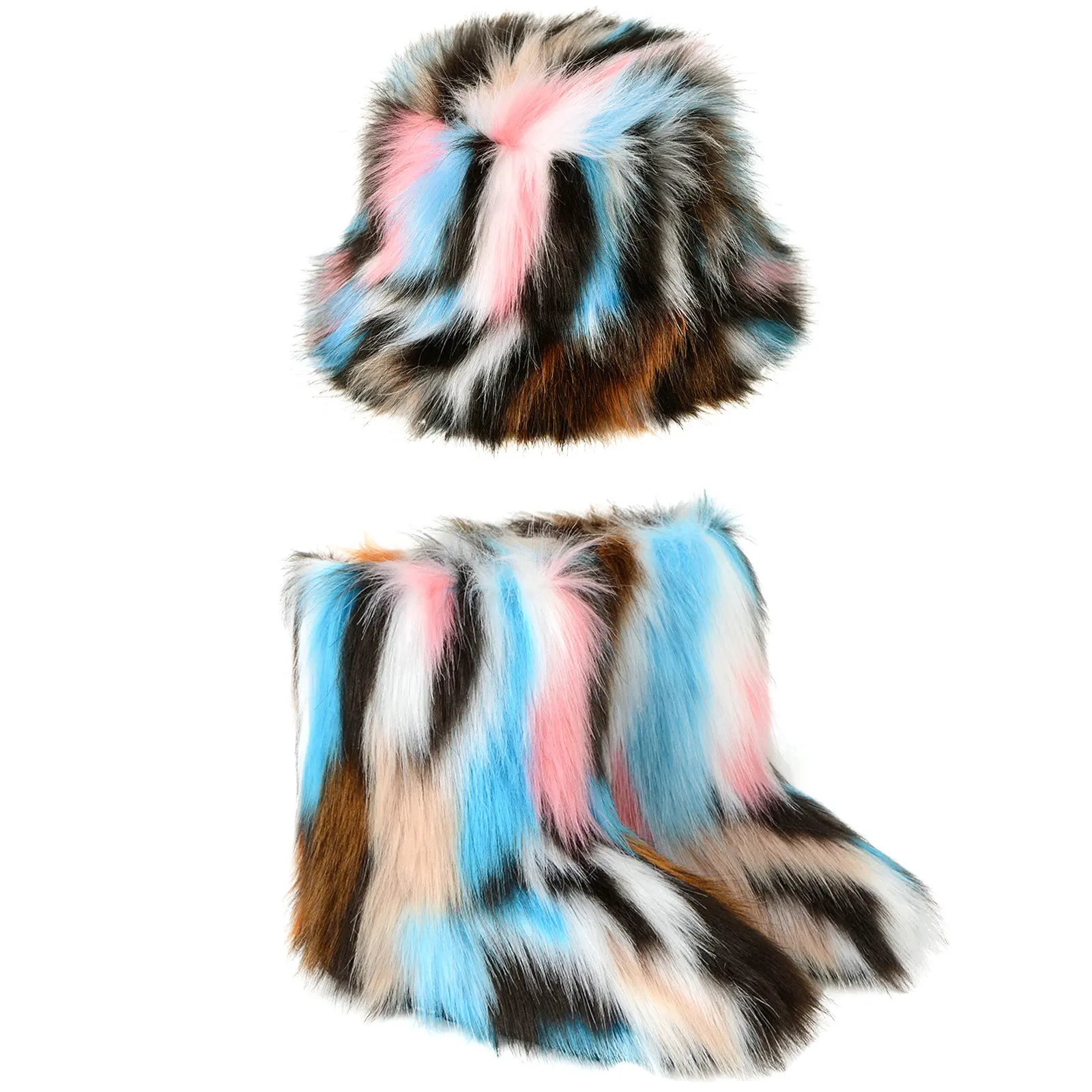 Winter new Europe American fashion women plush snow boots and hat two piece set Colorful Fur Bucket Hat Warm Fur ankle Boots