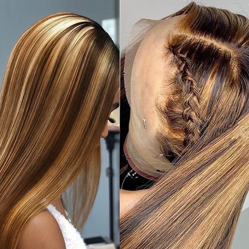 p4/27 Highlight 30 Inch 13x4 Skinlike HD Lace Frontal Wig Brazilian Virgin Human Hair Straight Black with Blonde Highlights Wig