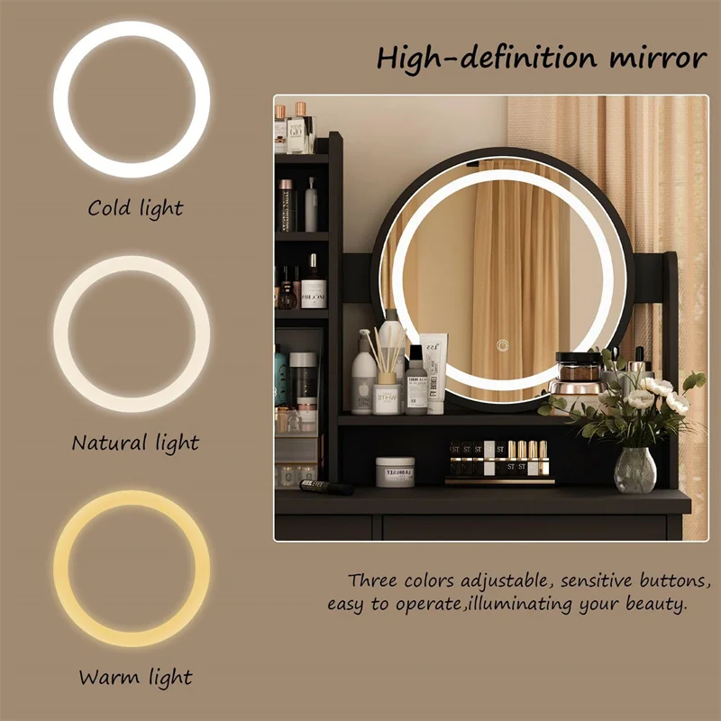 Light cosmetic mirror dressing table crystal handle Cushion Stool suitable for bedroom, black