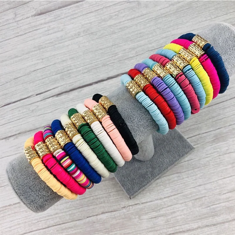 Amazon Hot Sale Bohemian Acrylic Ladies Soft Clay 6mm Beads Bracelet, Colorful Clay Beach Bracelet, 18k Stretch God Bracelet