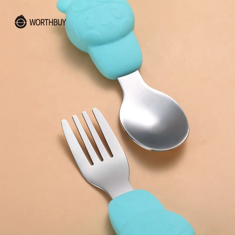 WORTHBUY Carton Pilot Tableware For Kids 18/8 Stainless Steel Spoon Fork Dinnerware Set With Silicone Handle Kitchen Dinner Set