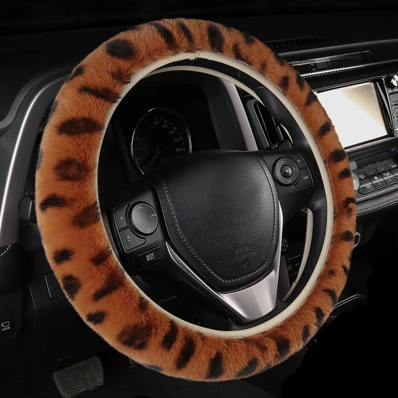 Wholesale winter wool steering wheel cover car fur leather leopard printed steering wheel cover