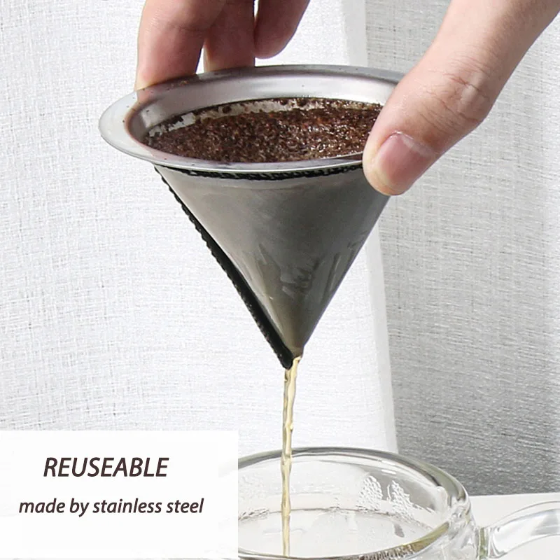Reusable Stainless Steel Metal Pour Over Coffee Dripper Coffee Maker Cone Paperless Permanent Coffee Strainer Mesh Filter