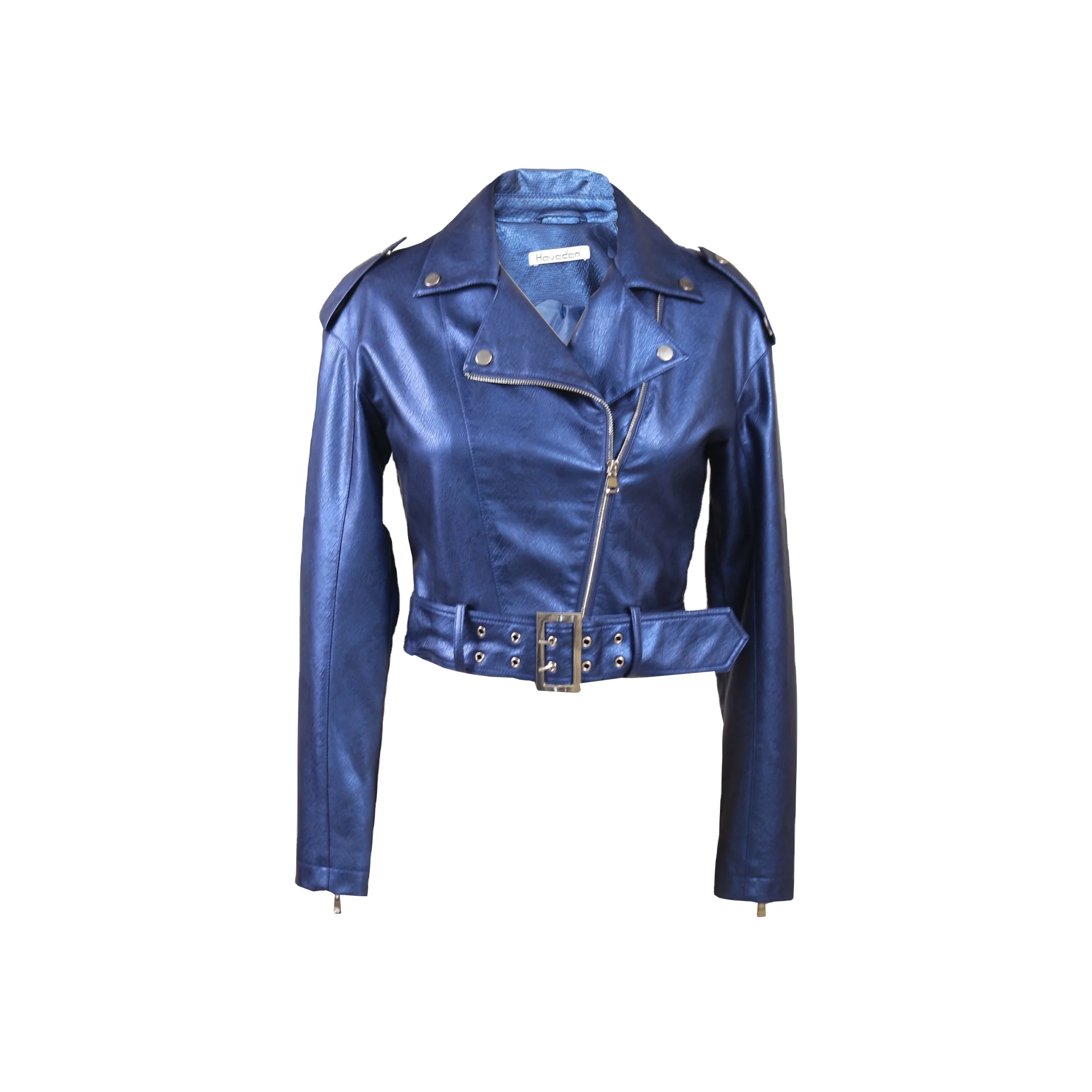 Ladies biker blue  jacket woman bias tape zipper double buckle belts  jacket ladies