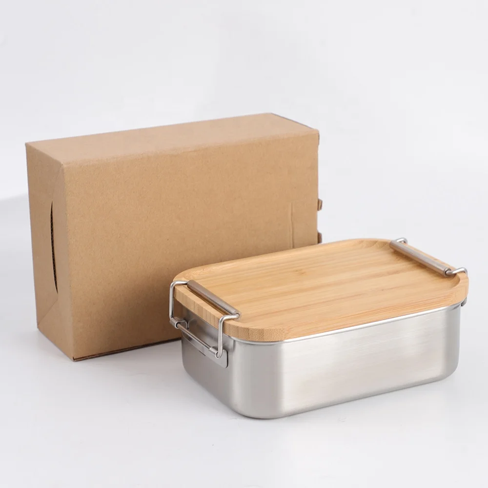 Eco Friendly 18/8 Stainless Steel Bamboo Lid Bento Lunch Box with 2 Buckles 304 Lunch Box Steel with Bamboo Lid