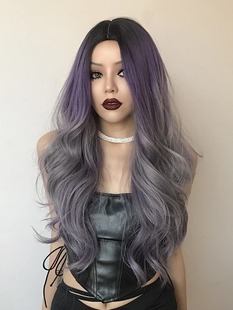 BVR Gray and Purple Ombre Color Long Curly Hair Wig Body Wave Japanese Fibre Synethetic Hair Wig