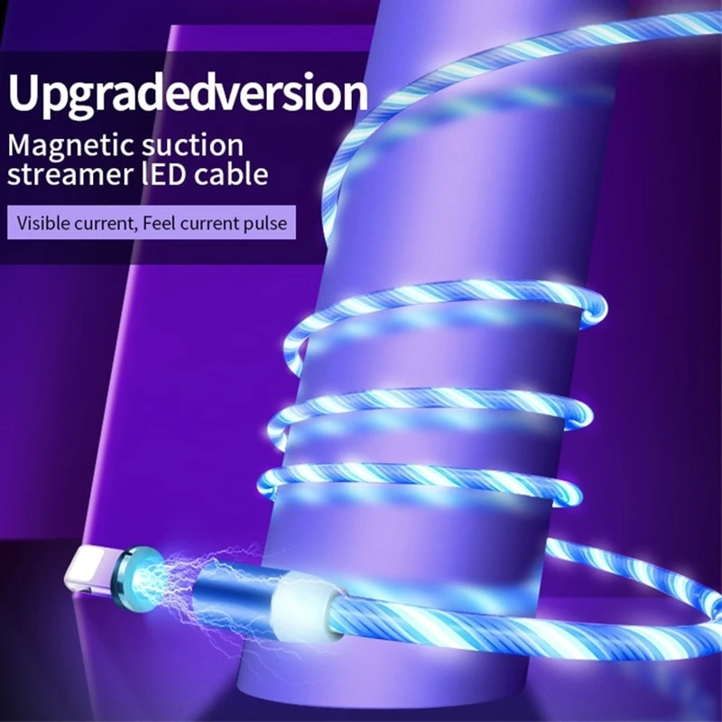  Течет светодиодный магнитный кабель для зарядки с разъемом Micro USB Type-C Магнит стример телефон зарядное устройство