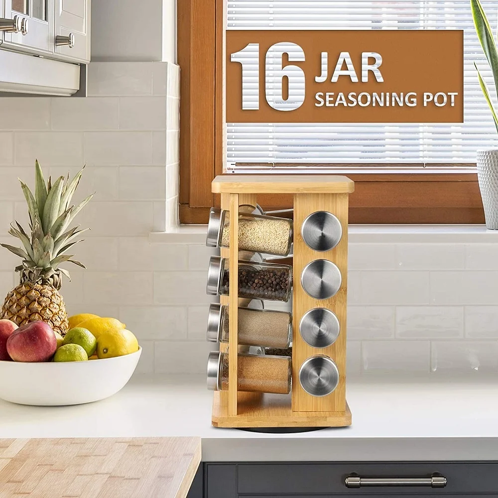 Kitchen Counter Top 360 Degree Rotating Bamboo Spice Storage Rack Stand Herb & Spice Tools for 16 Jars for Salt Storage
