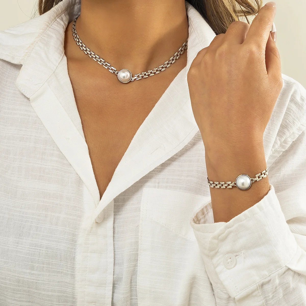 SC New Simple Alloy Bracelets Necklace Set Choker Necklace Geometric Square Thin Link Chain Pearl Necklace Women Neck Jewelry