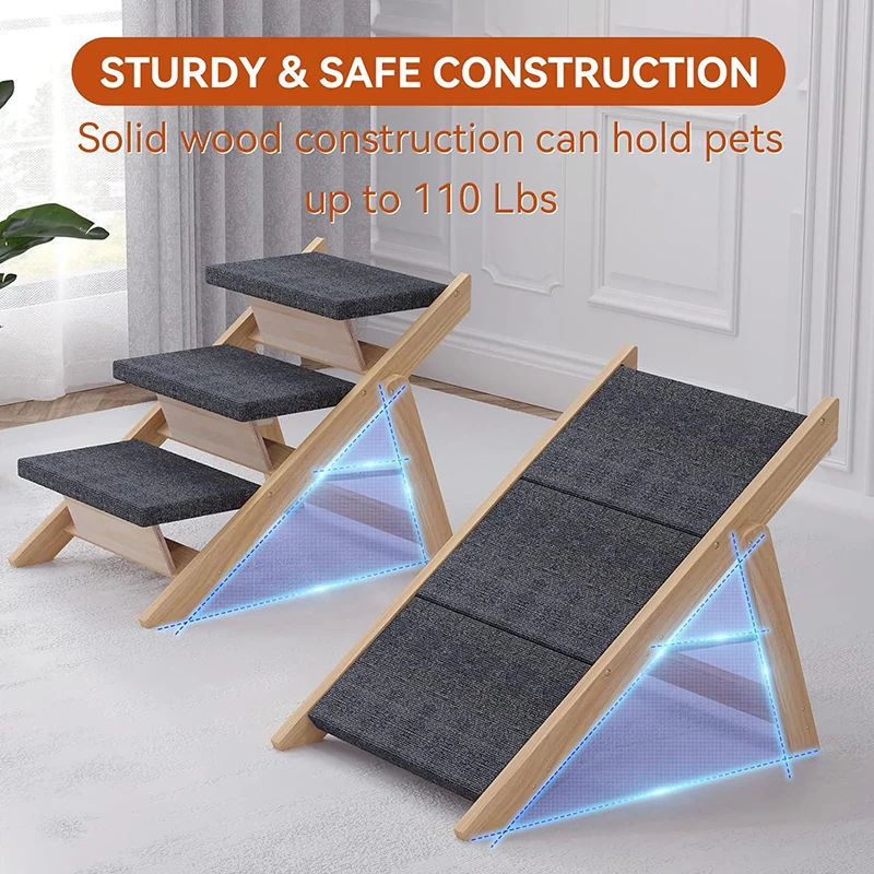 Wooden Dog Stairs & Ramp Portable Cat Steps Foldable 4 Levels Pet Climbing Ladder Senior