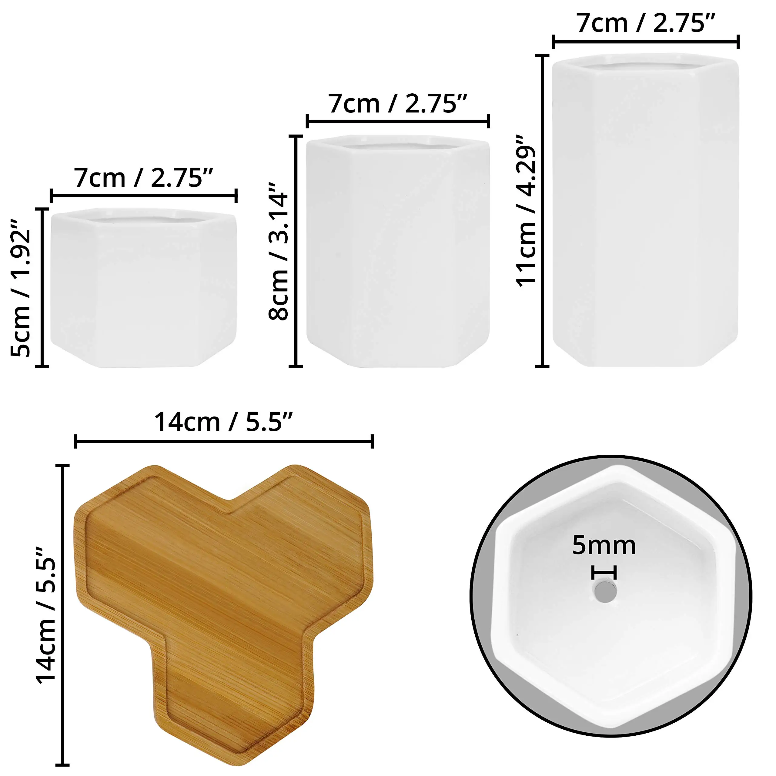 NISEVEN New Design 3pcs/Set White Hexagon Ceramic Pots With Bamboo Tray Succulent Pot Ceramic Flower Pot