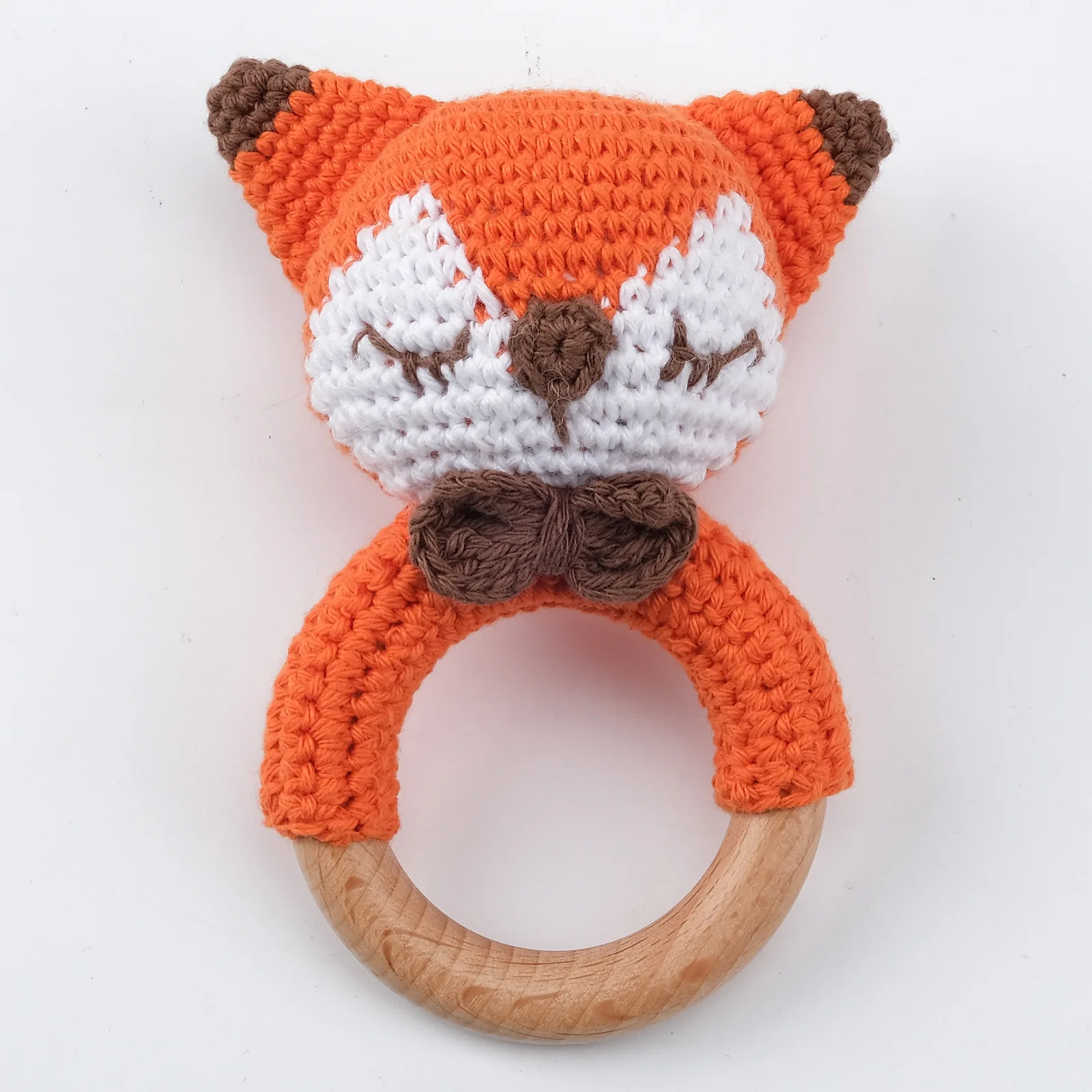 Handmade Crochet Rabbit Wooden Teething Ring Rattle Toys Bunny Deer Wooden teether for newborn baby