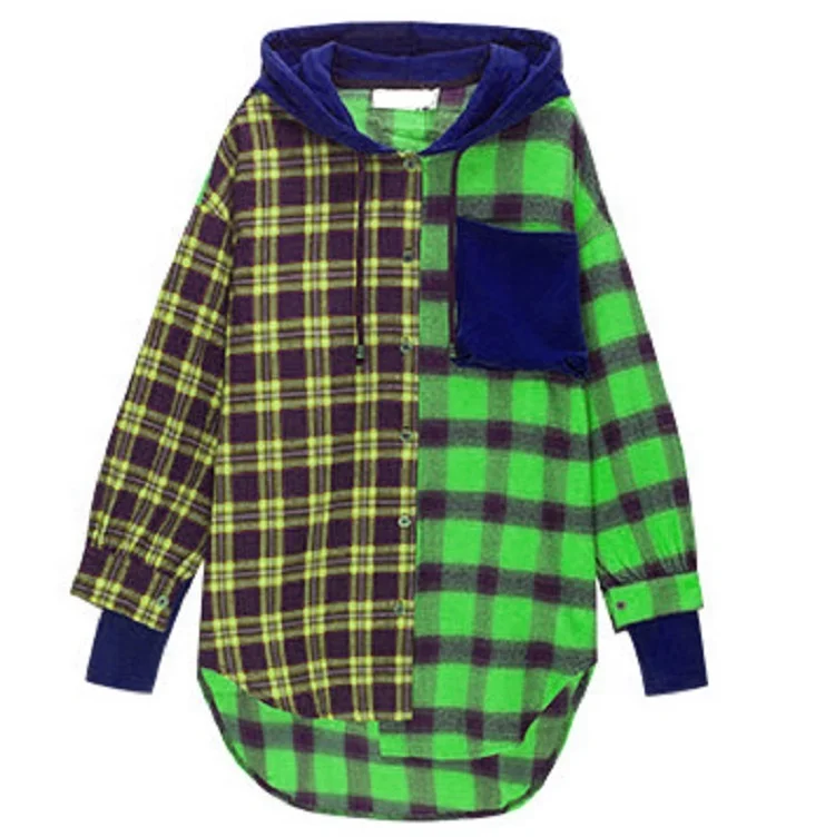 Streetwear Custom Flannel Patchwork Color Block Long Sleeve Hooded Button Up Curve Hem Oversize Women Plaid Shirts with hood