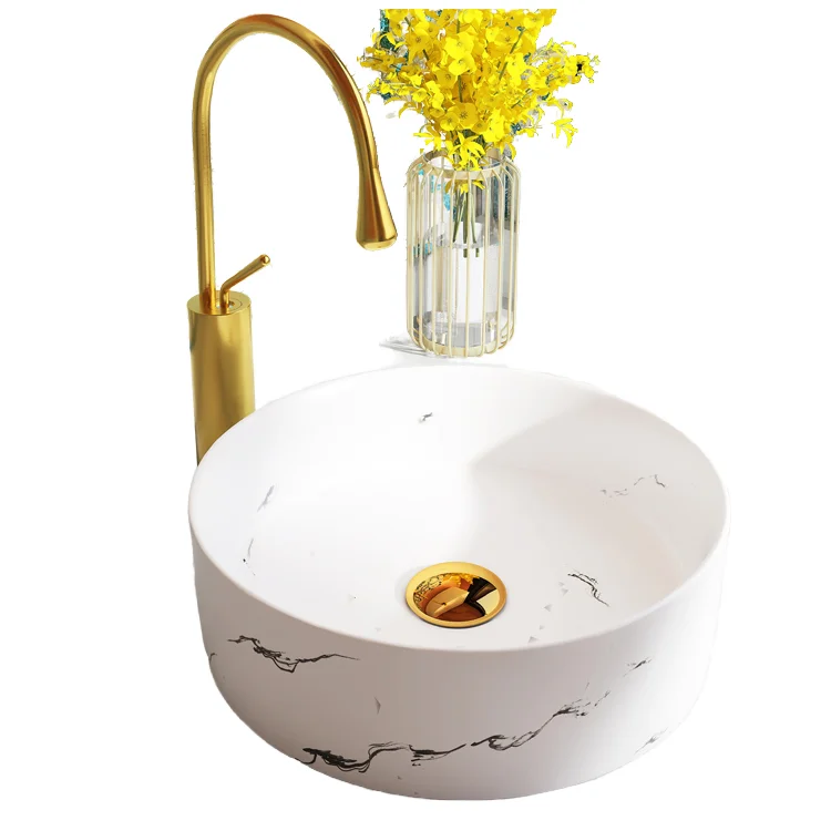 Modern White Marble Round Counter Top Porcelain European Style Bathroom Wash Basin Vessel Sink for Home Hotel Villa Installation