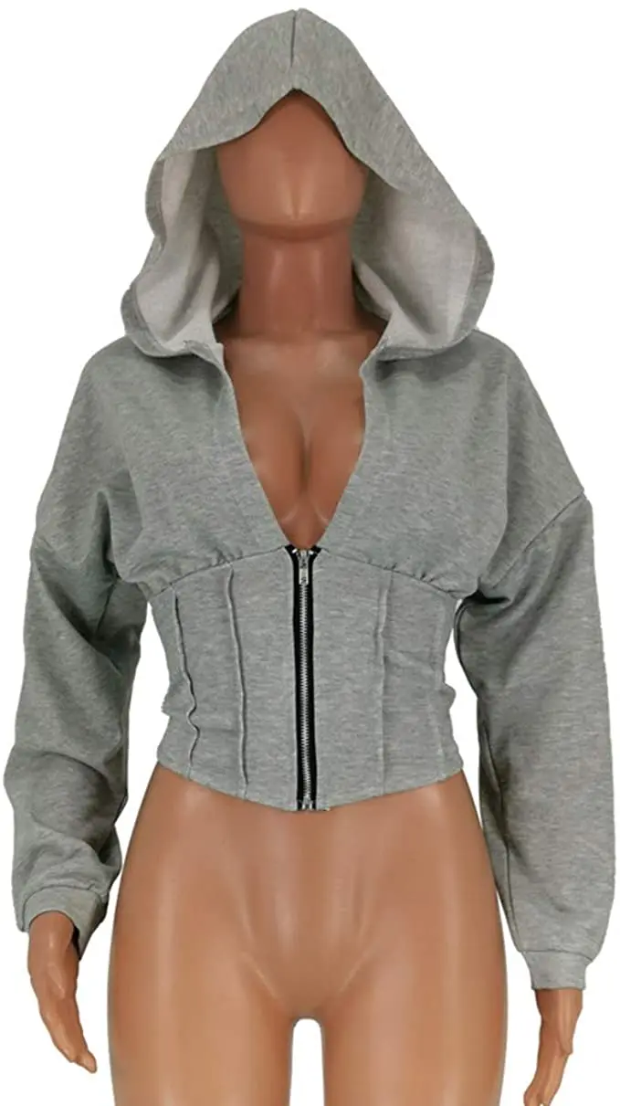 Oversized sweatshirts and pullover crop top grey zip sexy fashion women hoodie crop top