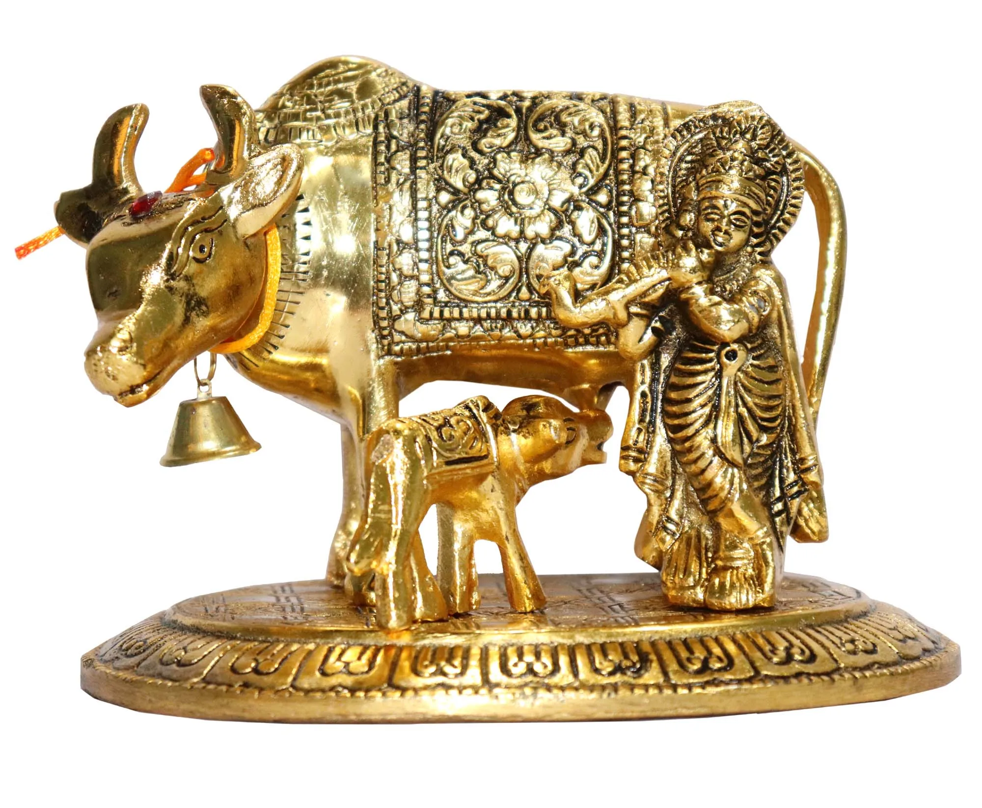 Religious Indian cow statue in Golden  Cow and Calf Sculpture Cow and Calf / Kamadhenu with God Figures Brass Statue