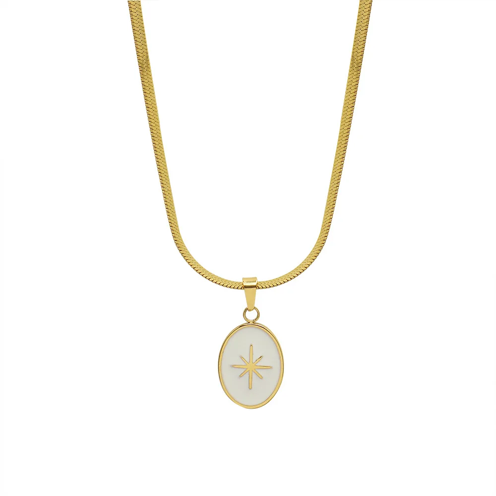 French Drip Oil Pendant Flat Snake Chain Octagonal Star Necklace, 18K Gold Plated Pendant Collarbone Snake Chain Necklace