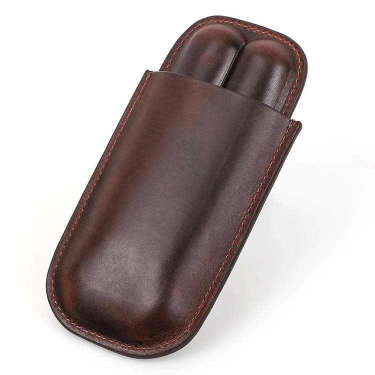 Personalised Custom Genuine Leather Cigar Case Handmade 2 Tube Travel Cigar Holder Box For Men