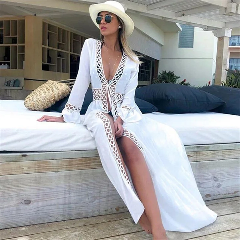 Womens Chiffon Maxi Dress Long Beachwear Kimono Beaded  cardigan Round hole lace Tie Front Bikini Swimsuit Cover up beach dress