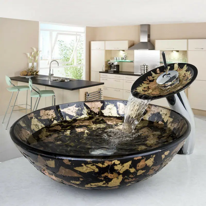 JIENI Round Bowl Bathroom Wash Glass Basin Set & Brass Waterfall Tap MIxer Faucet Combo