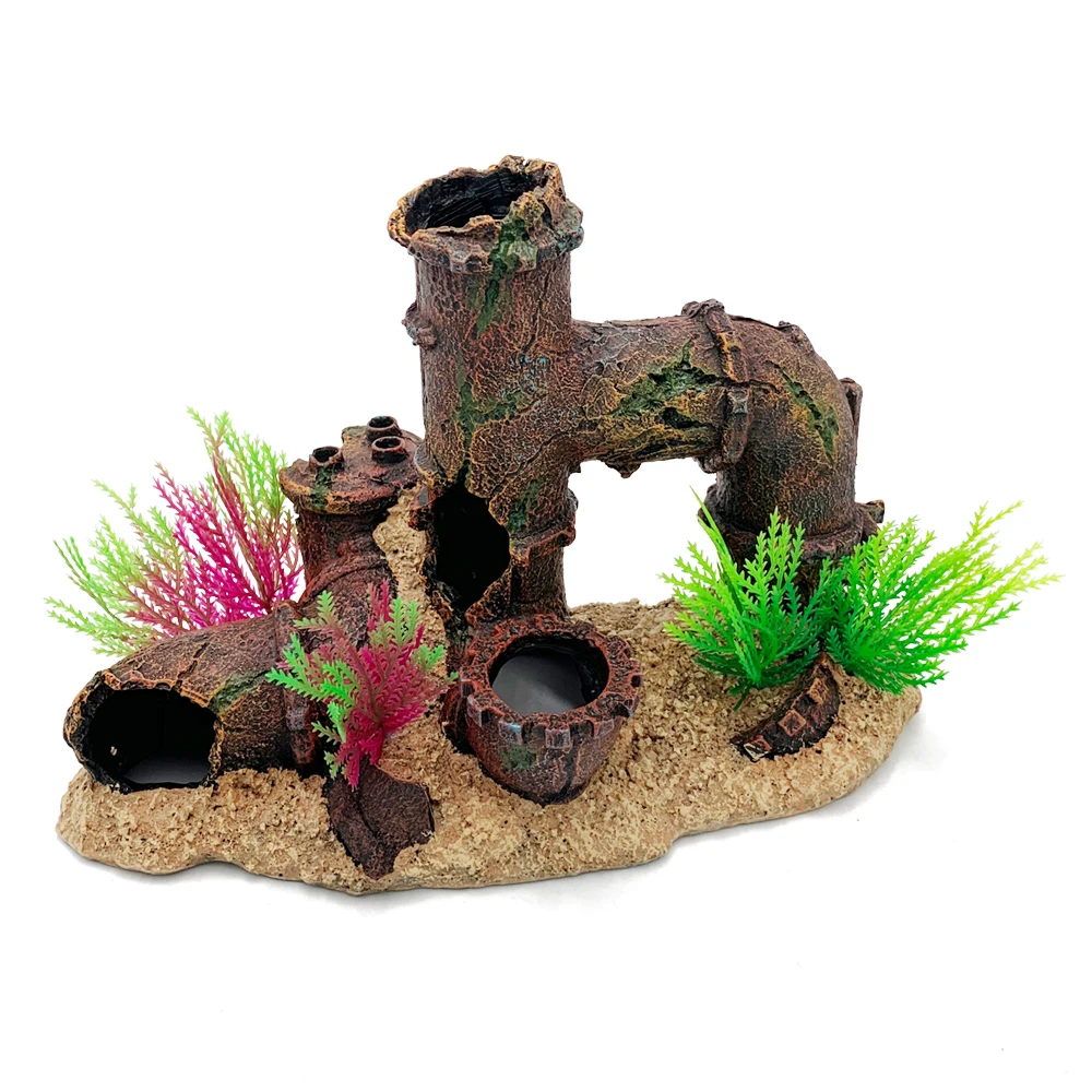 Fish Tank Aquarium Ornament Resin Hiding Cave  Broken Water Pipe Shape Accessories Decoration