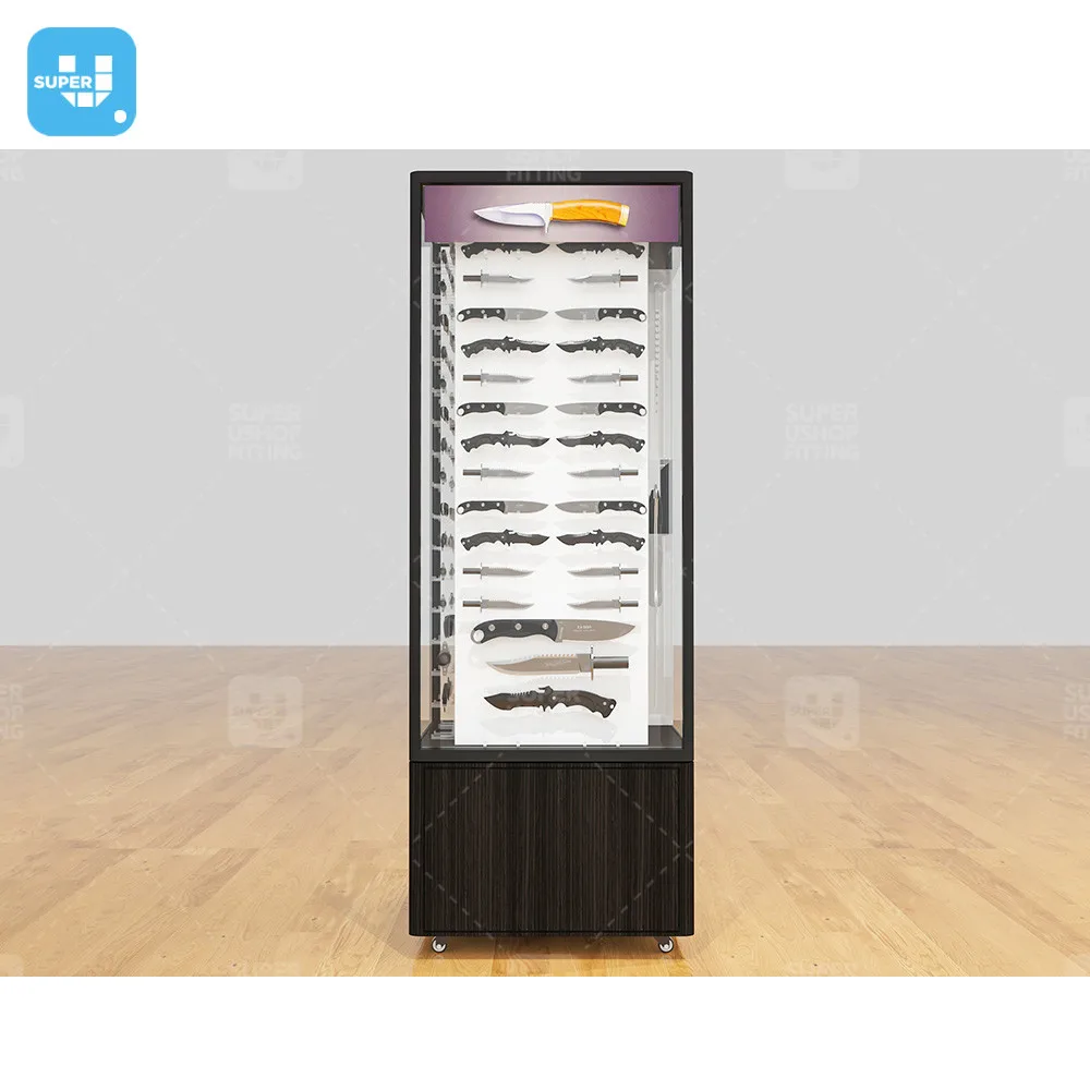 Customized Lockable Glass Door Kitchenware Store Display Cabinet Design Rotating Wooden Knife Shop Display Showcase