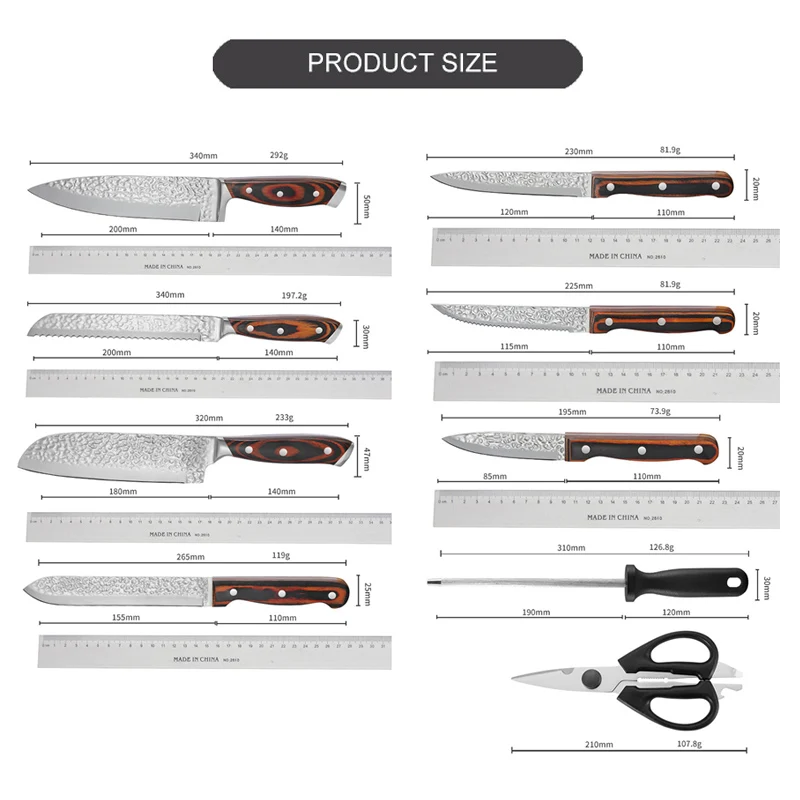 15 Piece Knife Set High Carbon Japan Stainless Steel Hammered Collection Knife Block Set with Wooden Self Sharpening for Chef