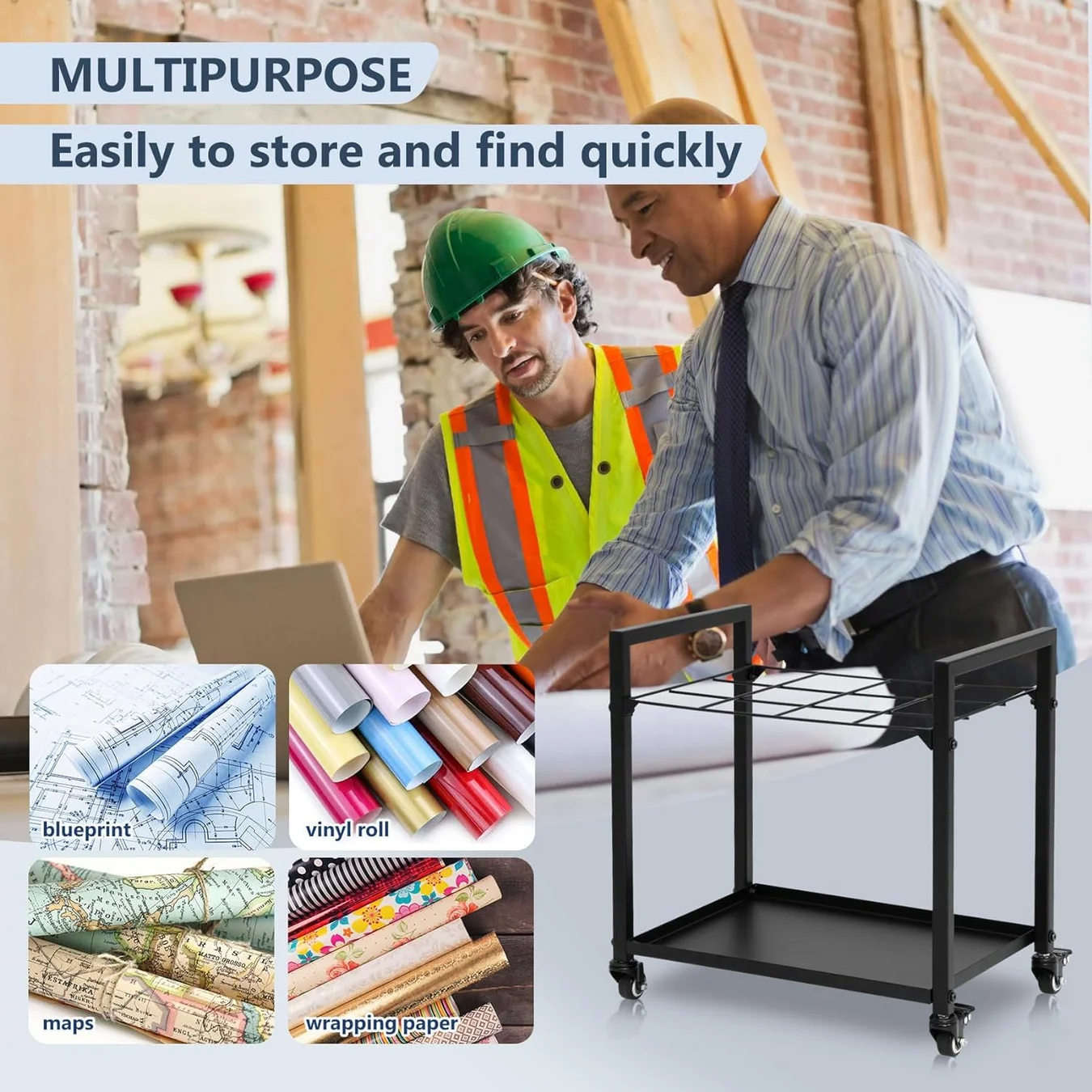 12 Slots Blueprint Storage Rack Roll File Holder Metal Blueprint Storage Cart