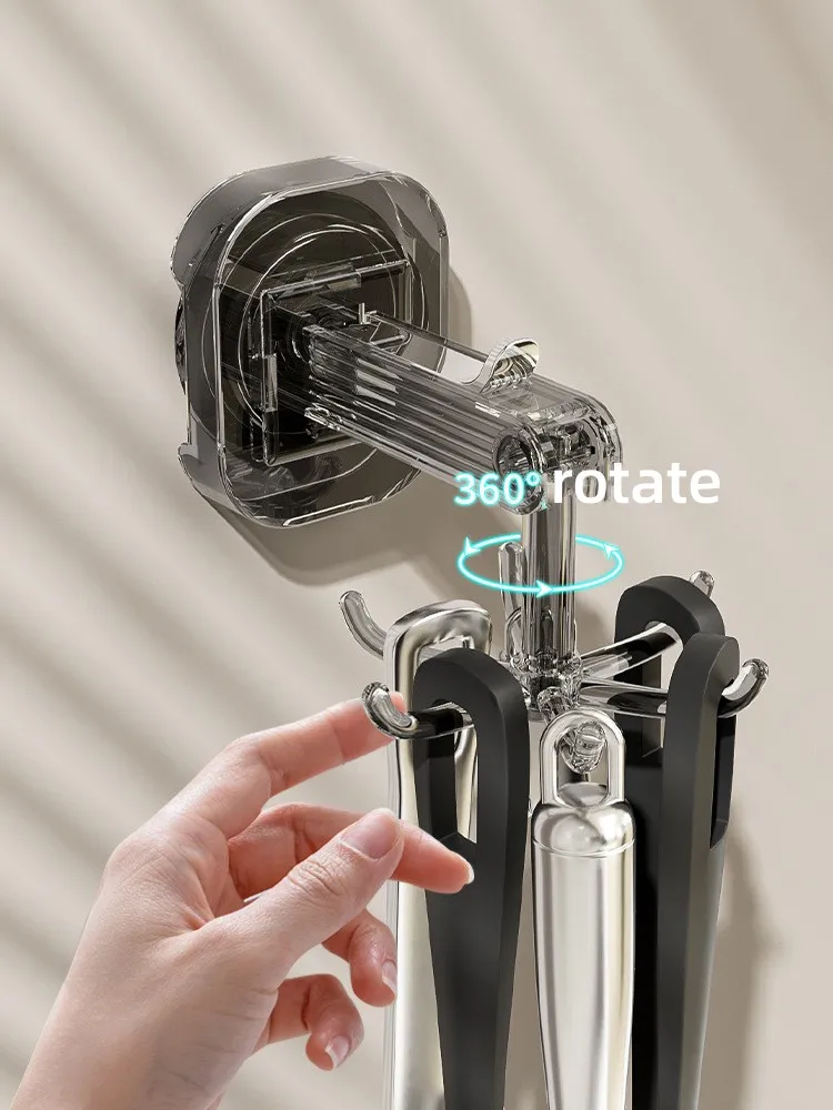 Multifunctional rotating Hole-free 360 degree wall-mounted spatula spoon storage rack Kitchen suction cup six claw swivel hook