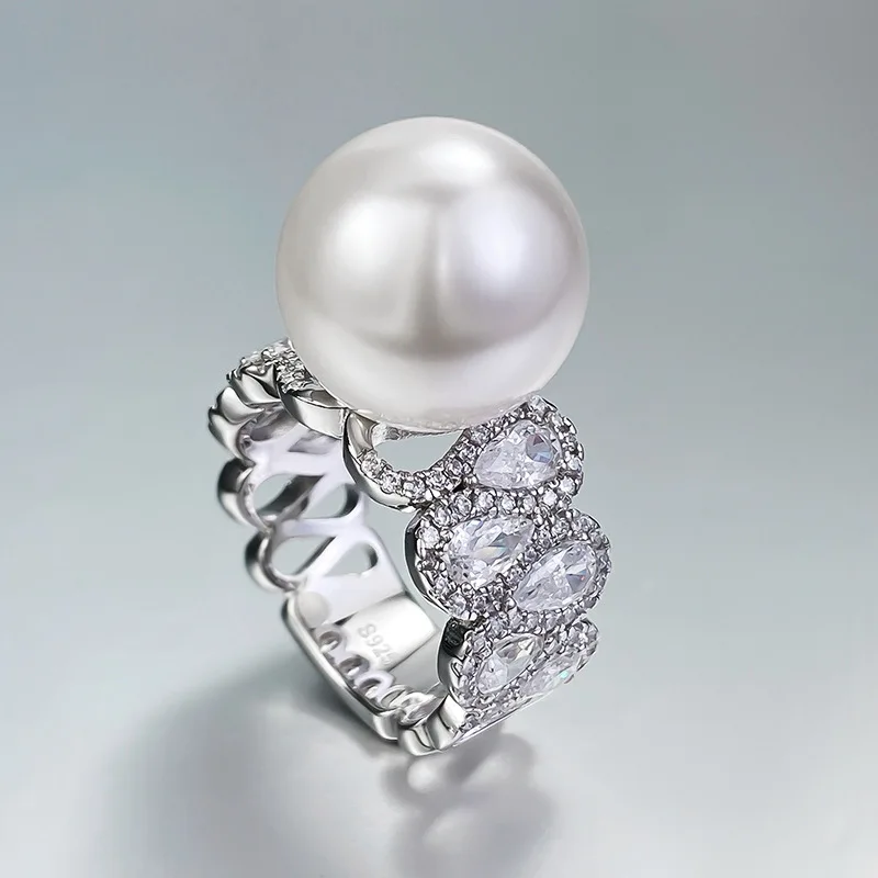 New 925 Silver Ring, Female Designer 14mm Pearl Ring with Luxury Inlaid Ring, Wedding Jewelry Wholesale