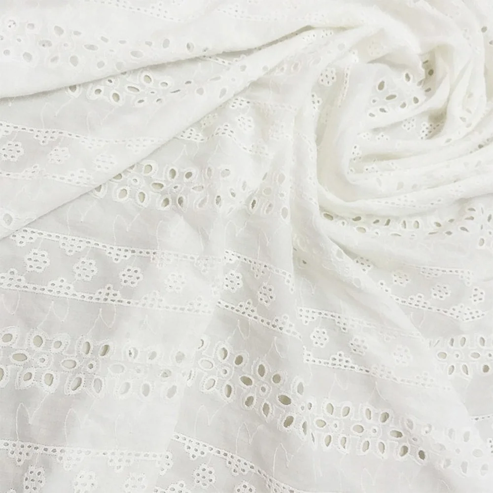 Wholesale Supplier Rice White Hollow Out Embroidery Cotton Eyelet Fabric 100% Pure Cotton Embroidery Fabric