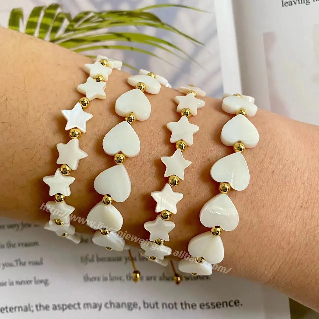 Hot Selling Mother of Pearl Bracelet Heart Design with Copper Beads Gold Plated Bracelet for Women Star Bracelet Beaded Jewelry