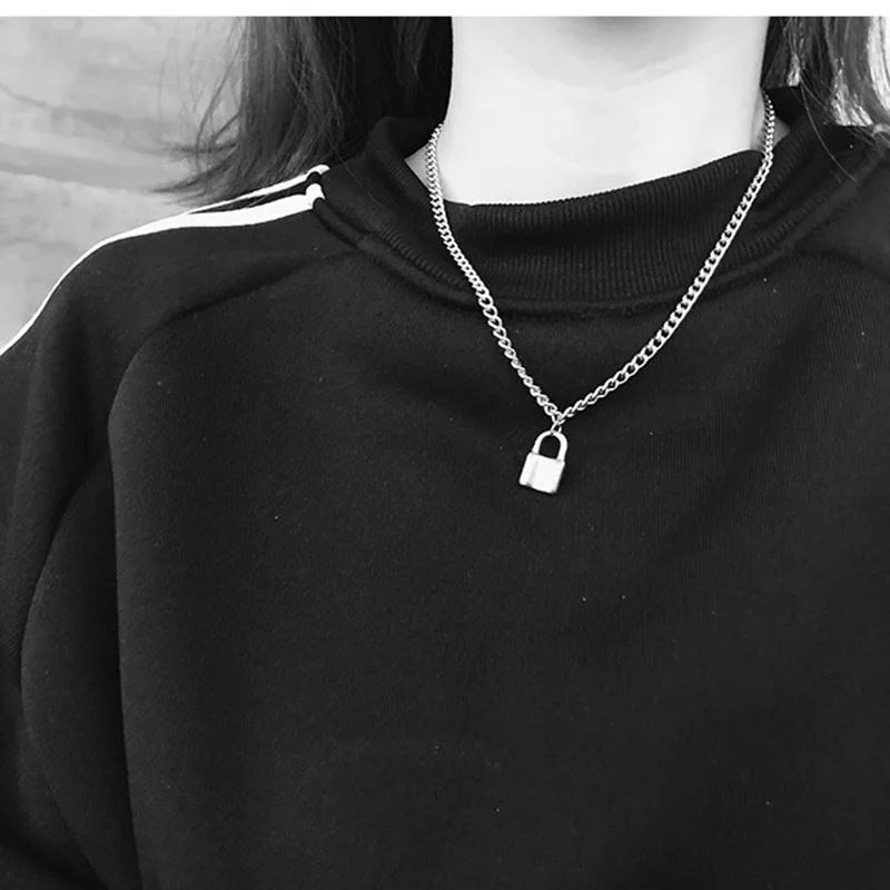 Silver Color Pad Lock Pendant Long Necklace Rock Hiphop Bijoux Brand New Rolo Cable Chain Necklace Women Collar Jewelry Choker