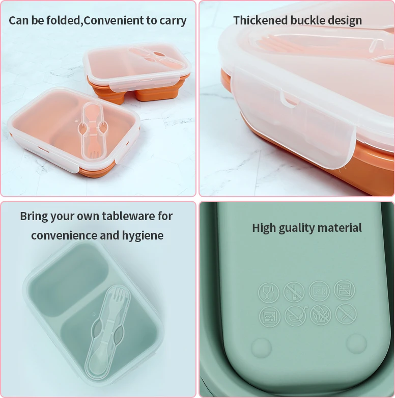 Adult Bento Lunch Box 2 Compartment Foldable Silicone Food Storage Containers Box Collapsible Lunchbox With Pp Lids No Bpa